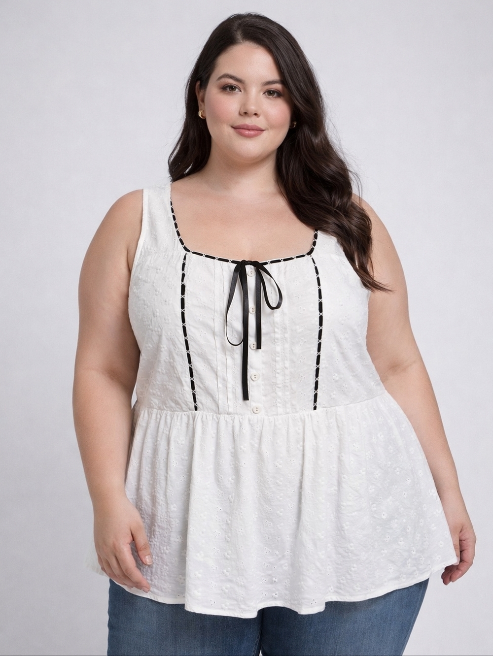 Torrid White Smocked Tank with Black Tag Accents